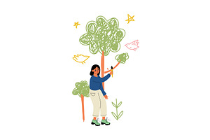 Cute Girl Painting Trees on Wall, a Person Illustration by TopVectors