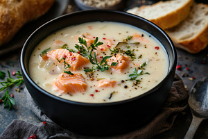 Close-up of creamy seafood chowder, a Photo by Pavel_design