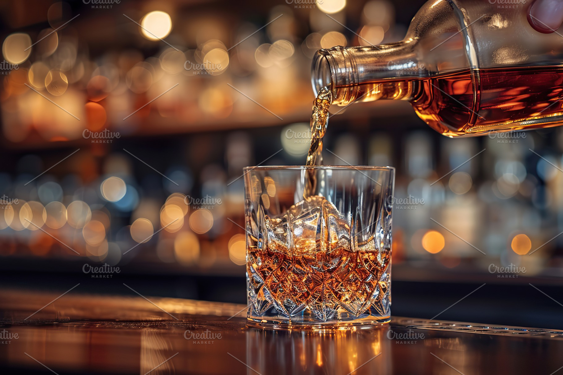 Pouring scotch whiskey from bottle into glass on blurred bar background, a Food & Drink Photo by AlyaAnd
