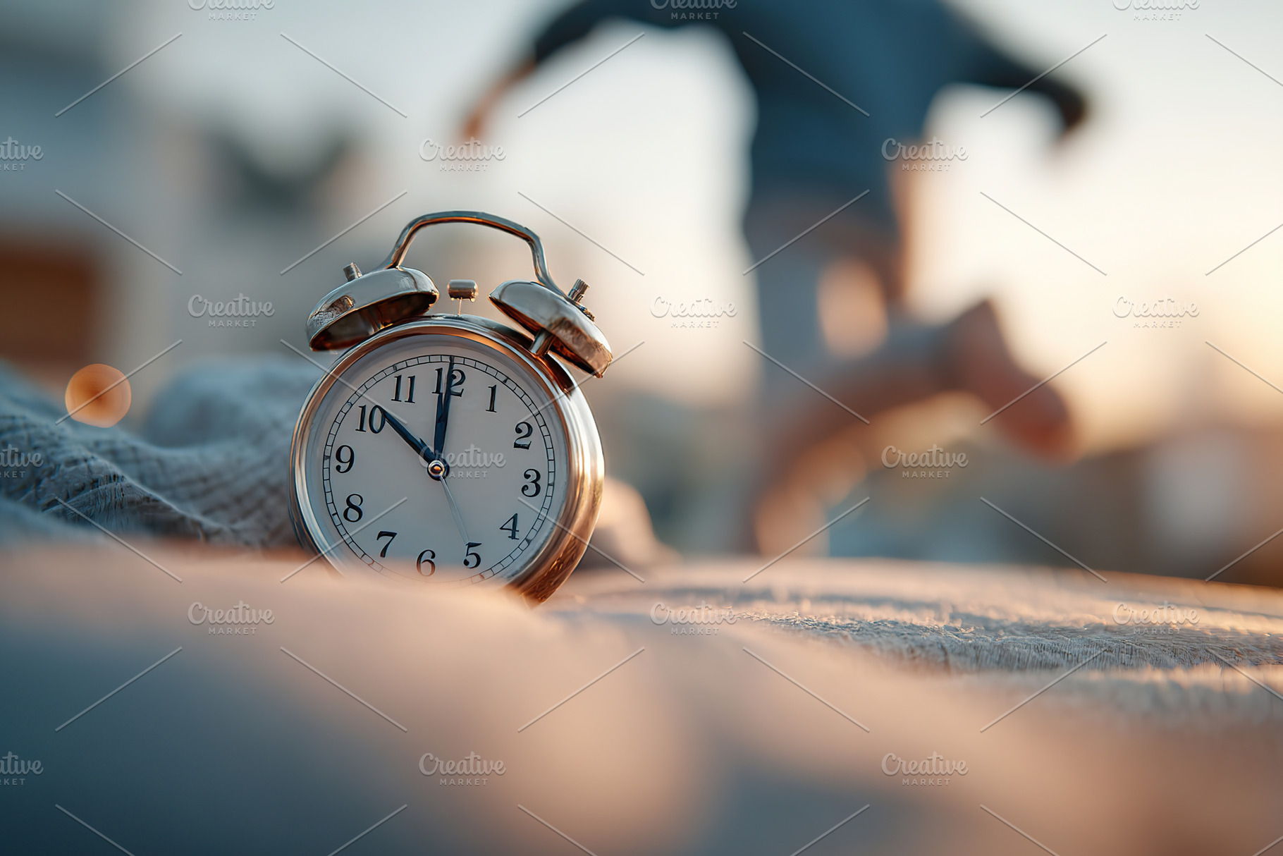 Morning alarm signals start of a joyful day at sunrise with a person in the bac, a Photo by AlyaAnd