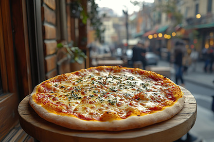 Fresh homemade pizza with cheese and meat, a Food & Drink Photo by AlyaAnd