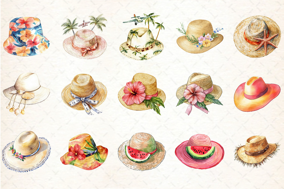 Watercolor Summer Hat Clipart, an Illustration by DreamCafeArt (Photo 2 of 5)