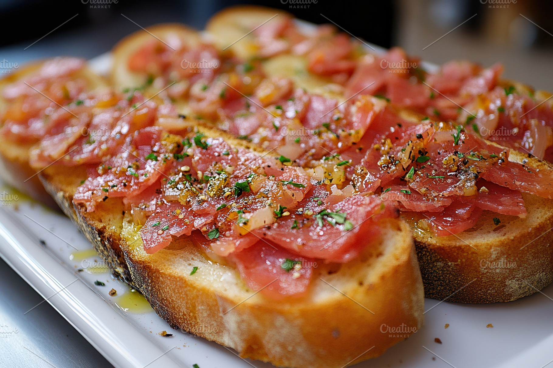 Delicious bruschetta topped with pro, a Photo by Tanuart