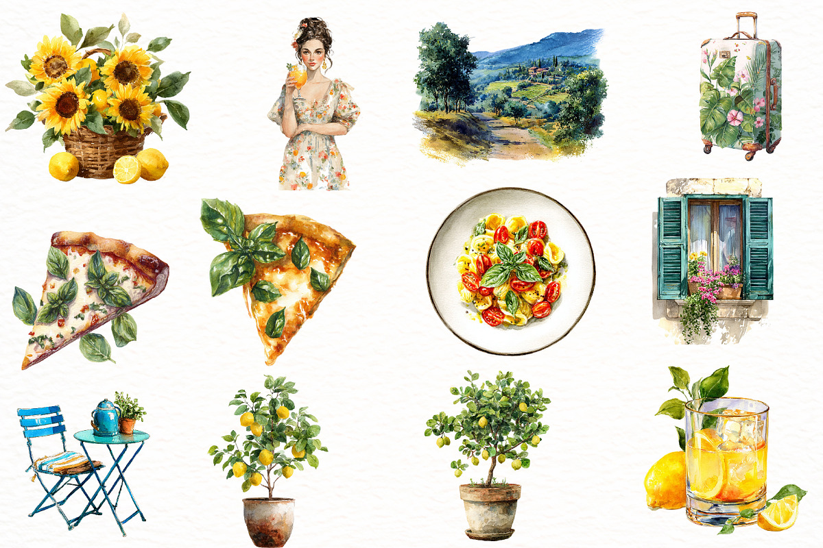 Watercolor Italy Summer Clipart, an Illustration by Designworld (Photo 2 of 5)