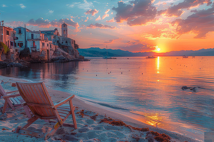Sunset View in Cefalu Town With Historic Buildings and Beach Chair, a Photo by AS photostudio