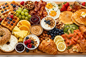 Breakfast grazing board with assorte, a Photo by Dvoevnore photos