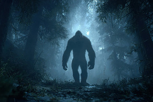 Bigfoot in a dark foggy forest at ni, a Photo by Pixeness Studio