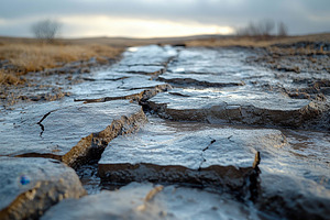 Cracked wet ground revealing a sceni, a Photo by Tanuart