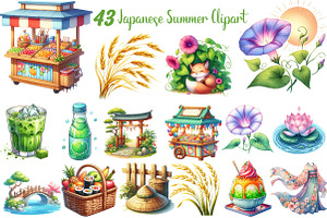 Watercolor Japanese Summer Clipart, an Illustration by DreamCafeArt