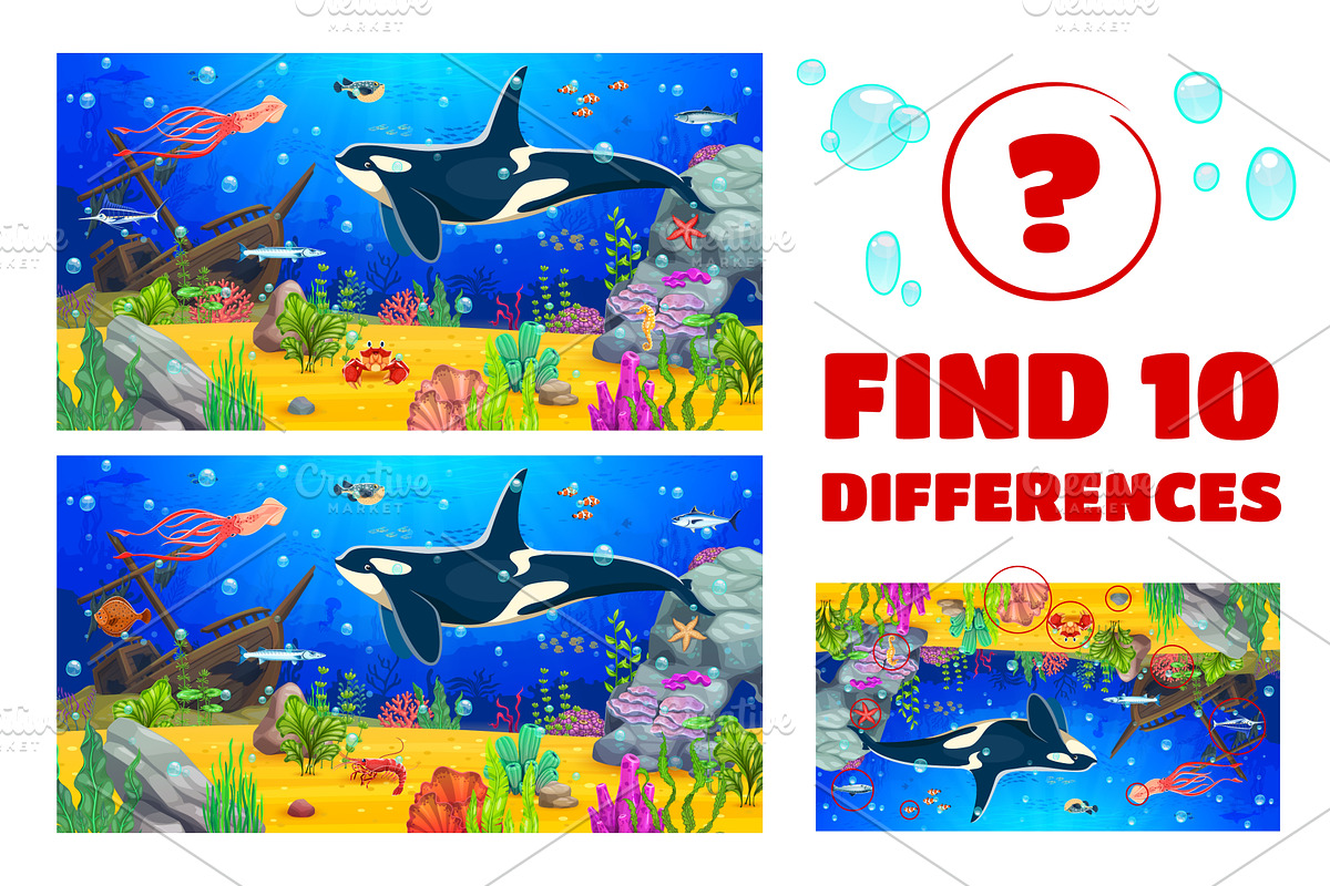 Find ten differences at sea, an Education Illustration by Vector Tradition