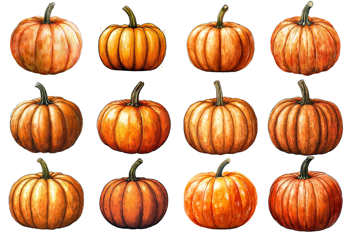 Watercolor Autumn Pumpkin Clipart, an Illustration by SinaCreation (Photo 2 of 5)