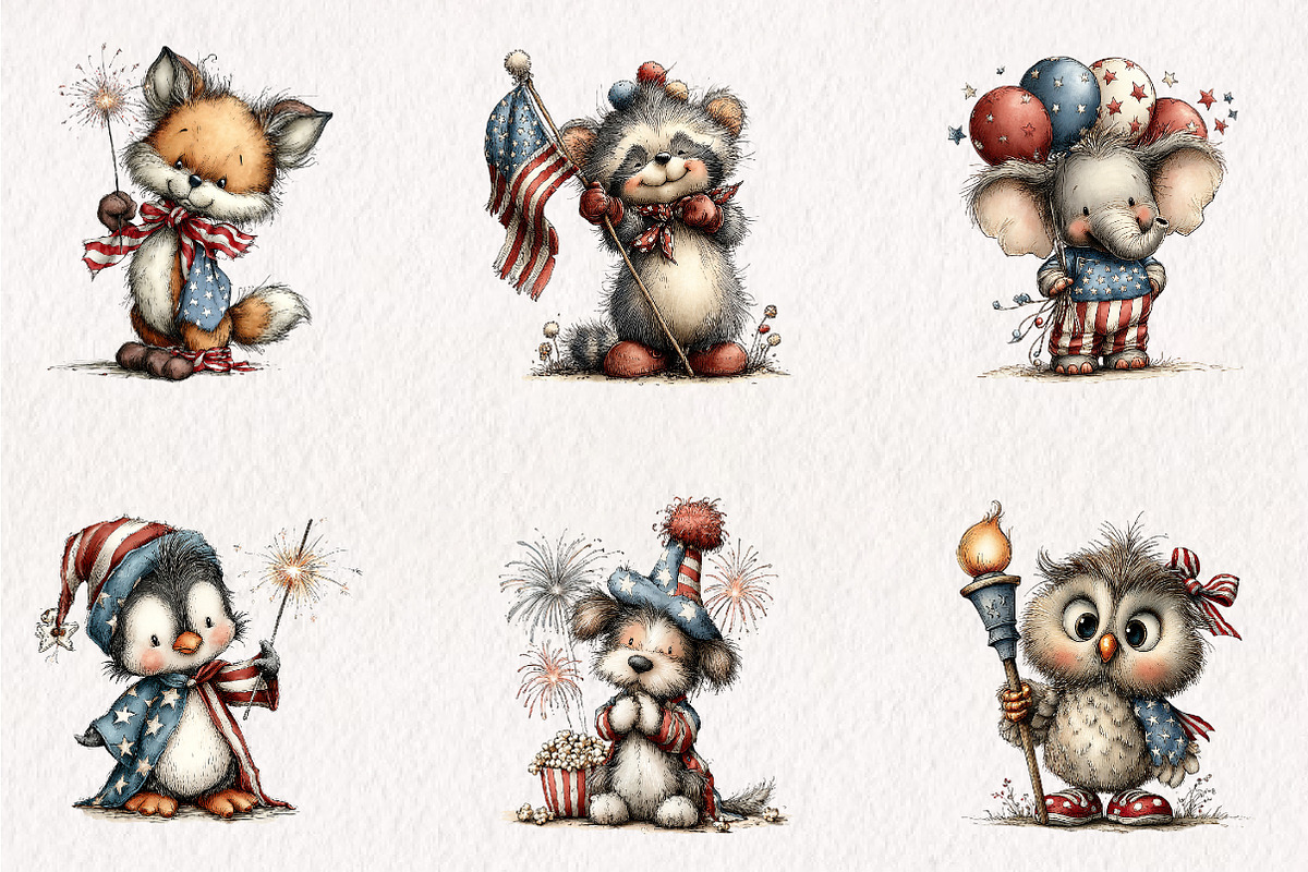 Whimsical Patriotic Animals Clipart, an Animal Illustration by CreationArt (Photo 2 of 7)