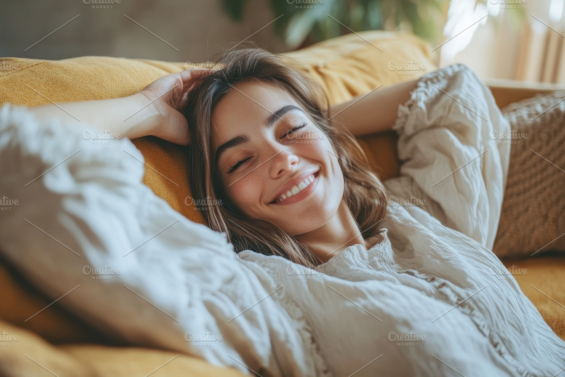 Smiling woman lies comfortably, a Photo by Pavel_design