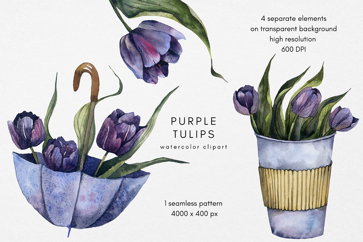 Tulips rainy watercolor clipart, an Object Graphic by Artcard Watercolor (Photo 1 of 5)