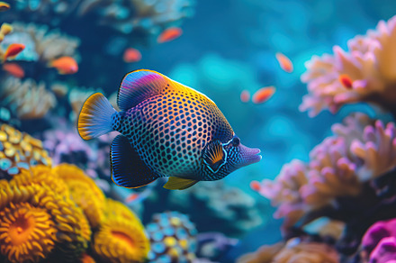 Jaw triggerfish in aquarium with blue water and corals, an Animal Photo by AlyaAnd