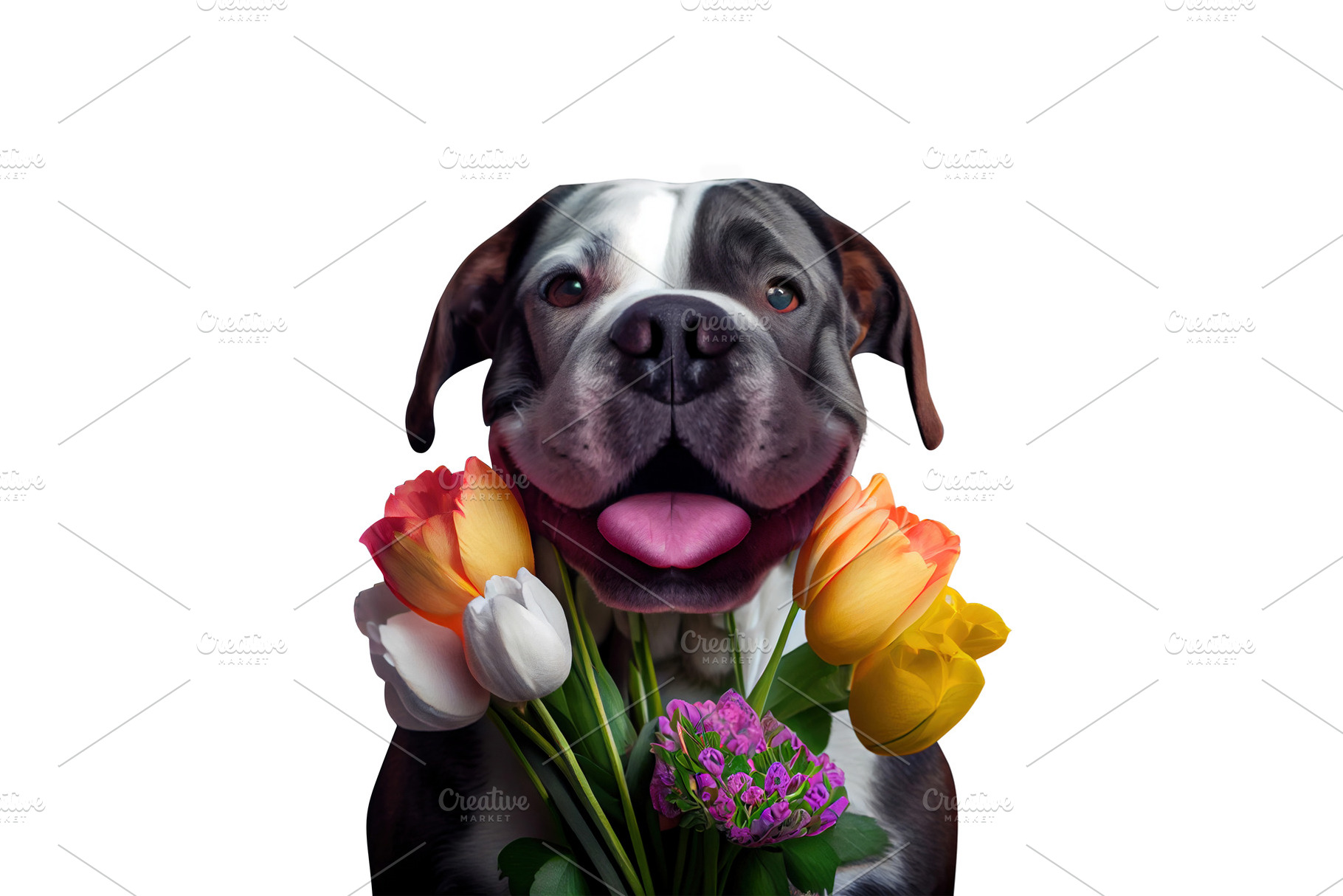 cute dog with flowers isolated on white background, card for Val, an Animal Photo by Ales Munt