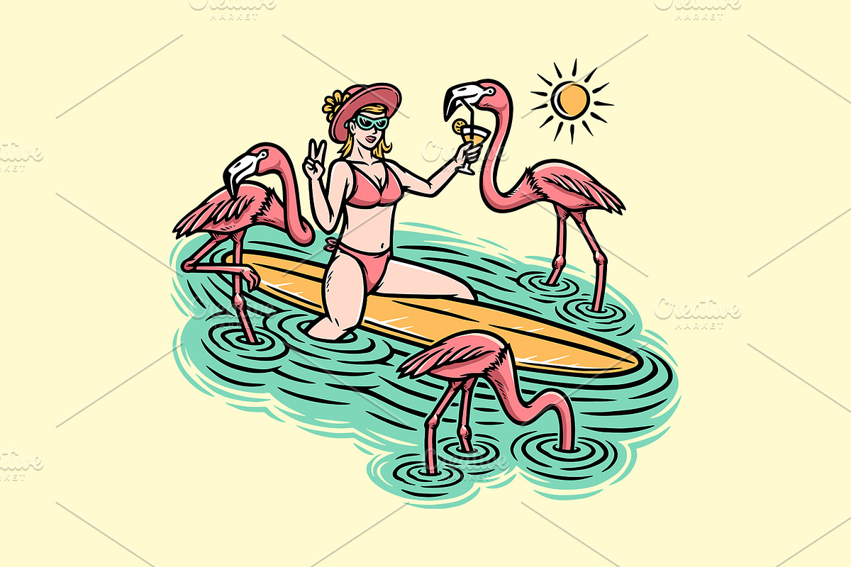 woman and flamingo on the beach, an Animal Illustration by gunaonedesign (Photo 1 of 4)