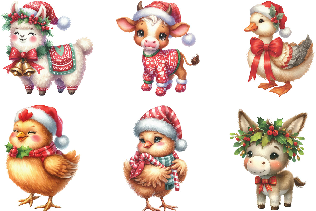 Cute Christmas Farm Animals Clipart, an Illustration by CraftArtStudio (Photo 2 of 6)