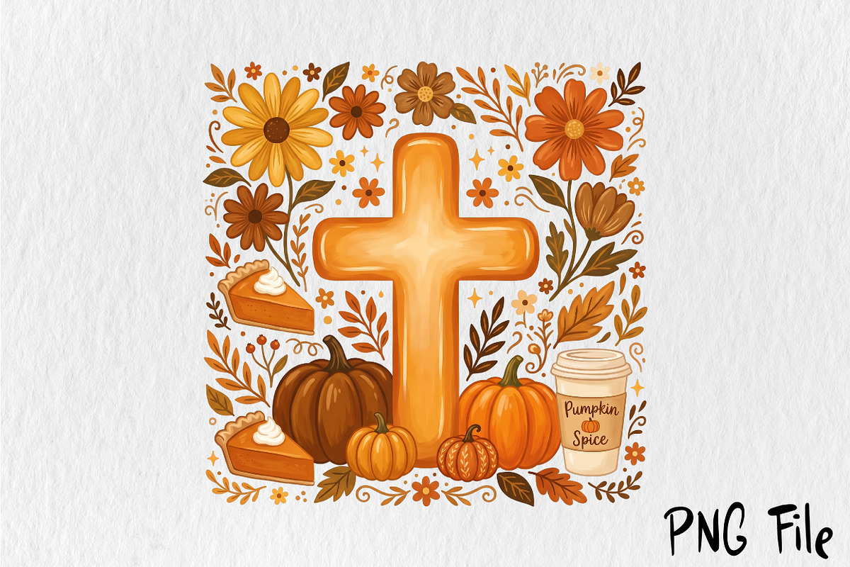 Fall Christian Cross Sublimation PNG, a Seasonal Illustration by Rose Art