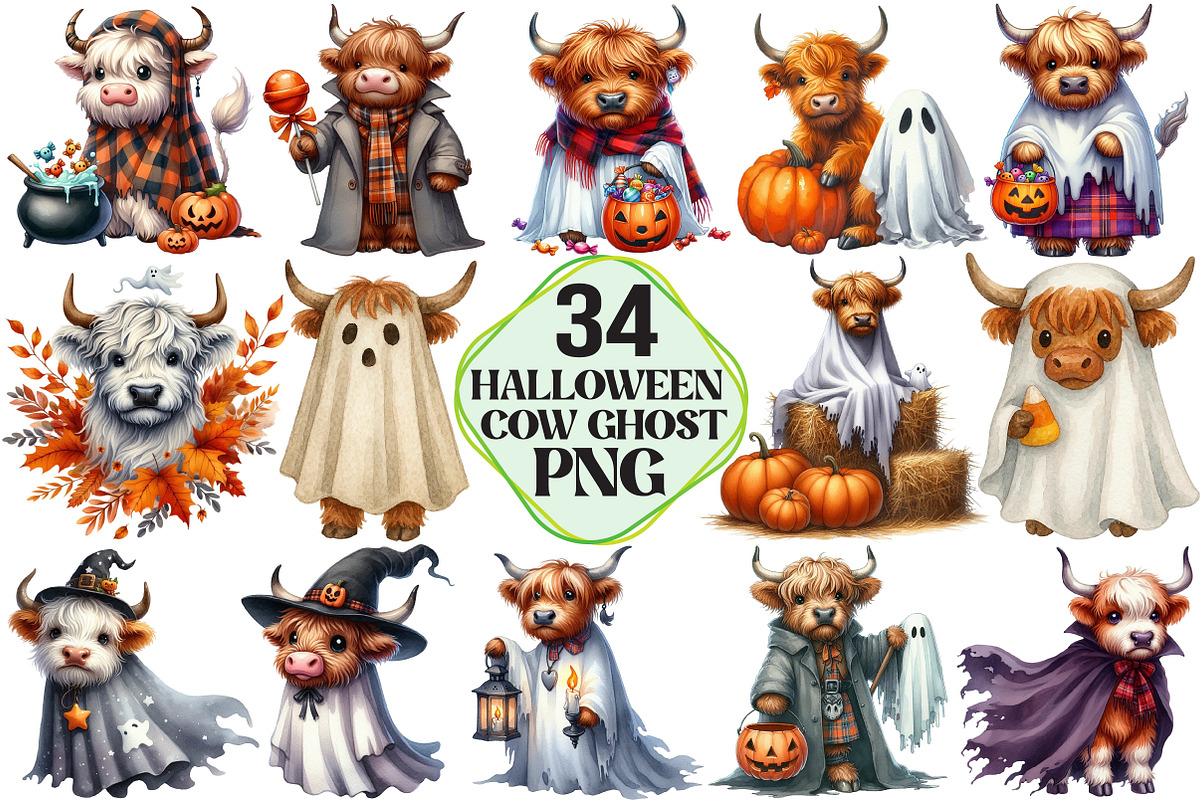 Halloween Highland Cow Ghost Clipart, an Illustration by Pixels.Craft (Photo 1 of 3)
