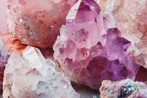 Pink and Purple Crystals on Sand with Gradient Background, an Abstract Photo by Natalia Klenova's Shop