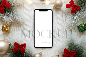 Christmas Phone Mockup Red Bows, a Product Mockup by TatiMockup