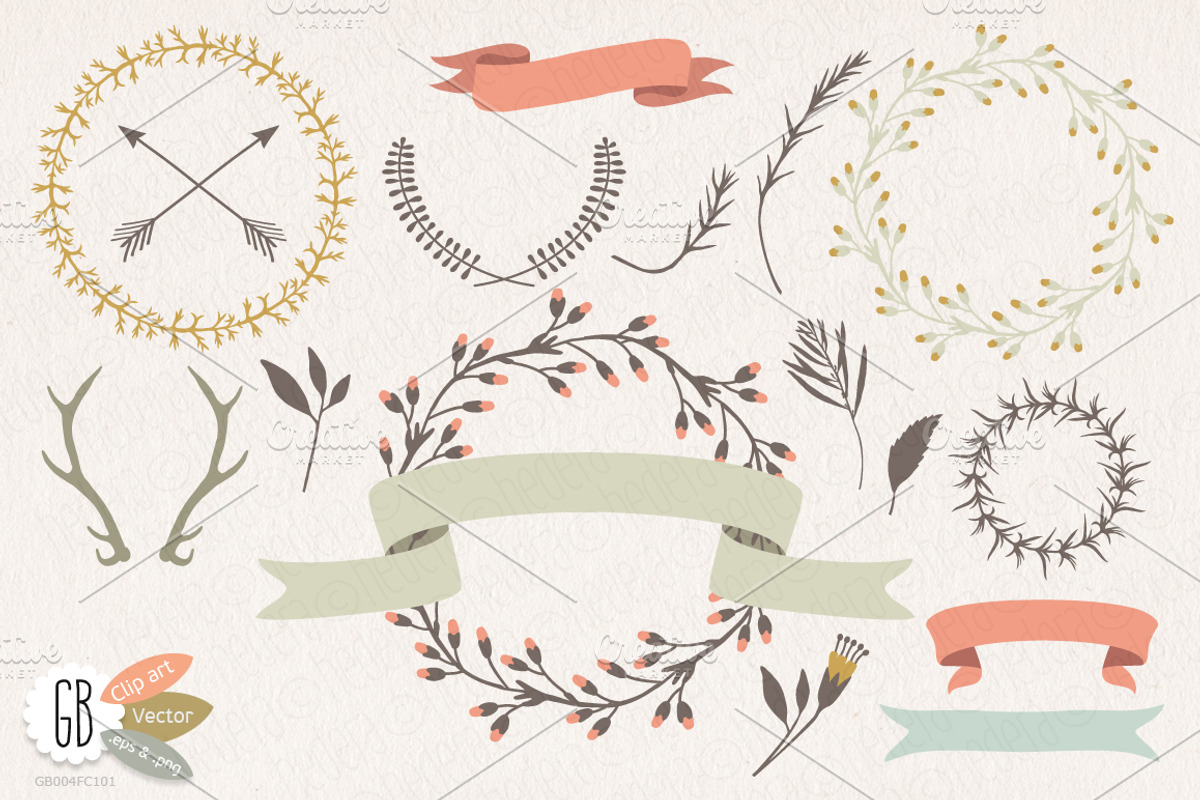 Wreaths laurels ribbons folk flowers, a Decorative Illustration by GrafikBoutique (Photo 1 of 2)
