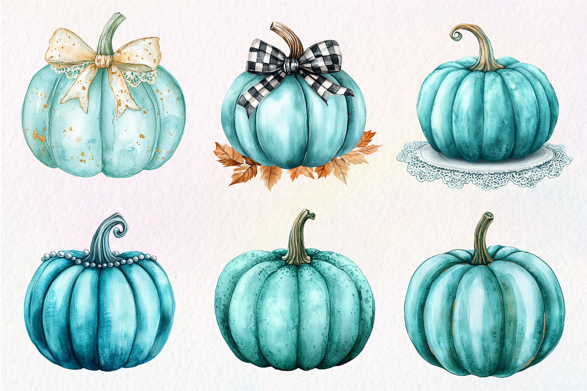 Watercolor Teal Pumpkins Clipart, an Illustration by CreationArt (Photo 4 of 5)