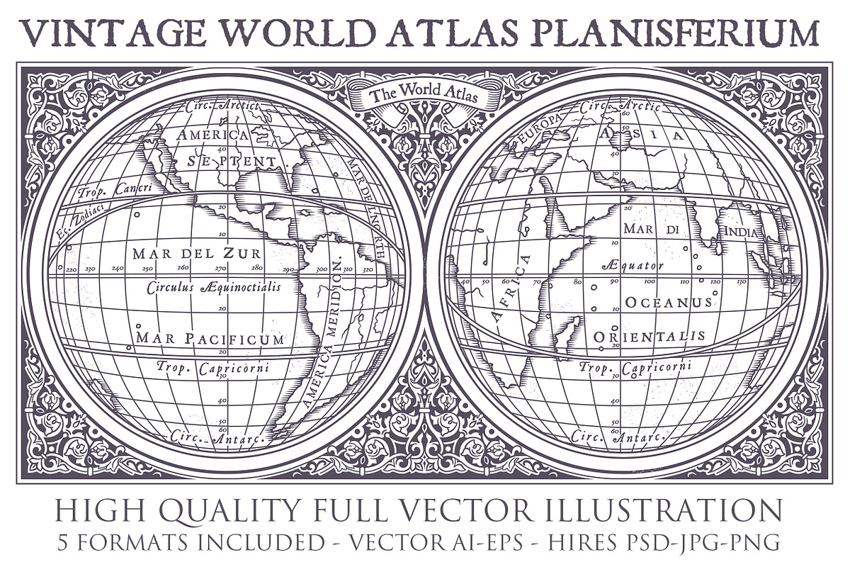 Vintage Planisferium World Atlas, a Decorative Illustration by FourLeafLover (Photo 1 of 4)
