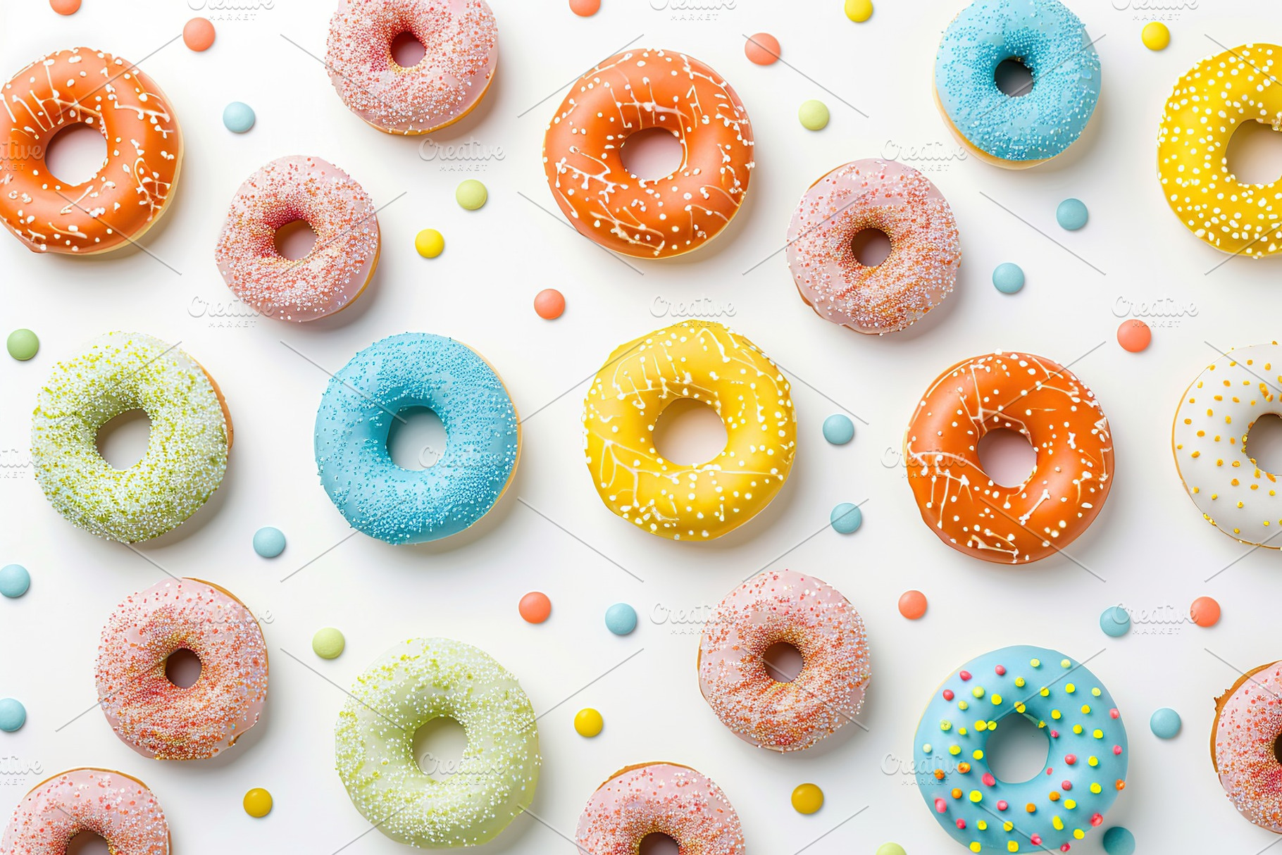 Pattern of sweet and colorful donuts on white background, a Food & Drink Photo by AlyaAnd
