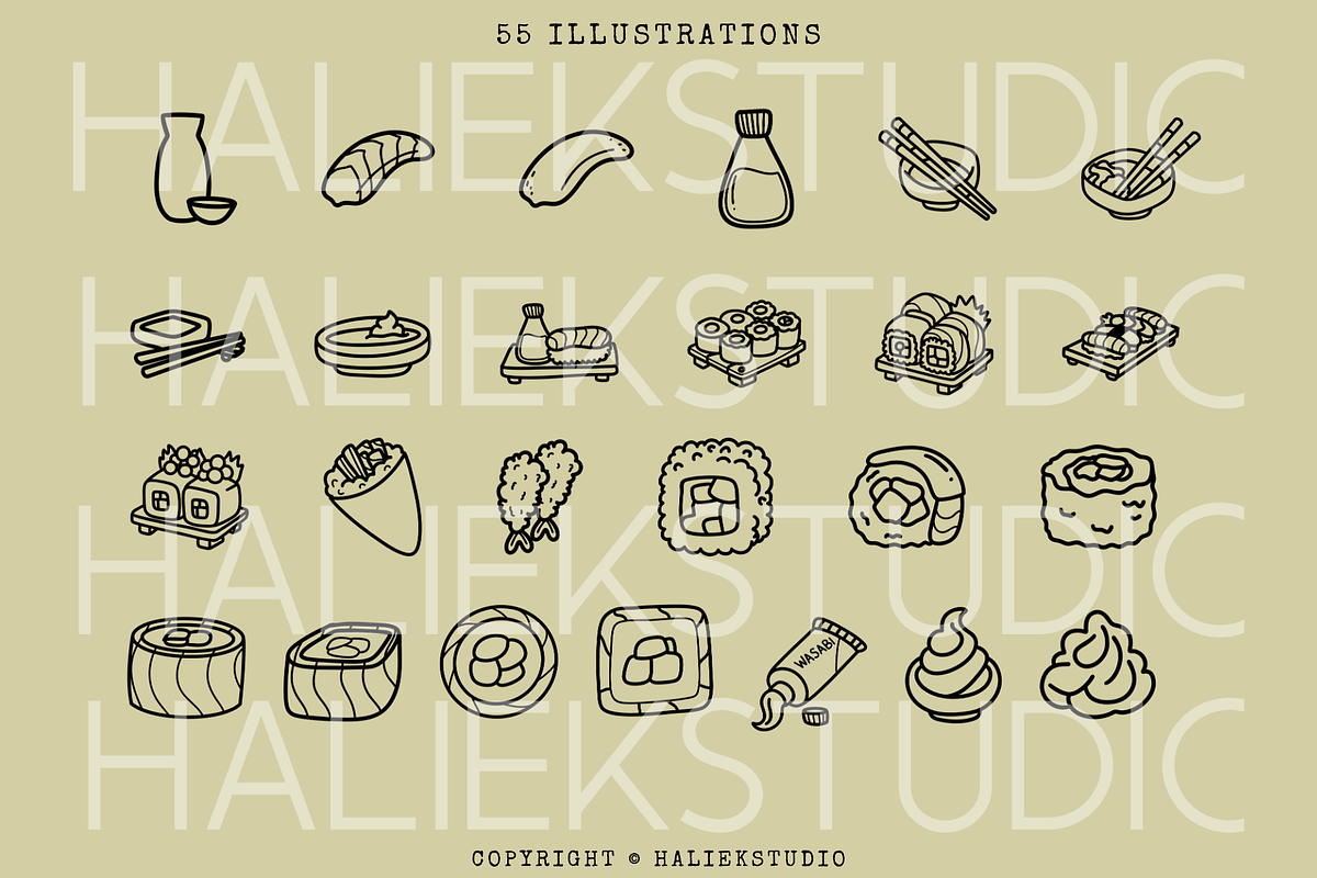 55 Sushi Doodles SVG Illustrations, a Food Illustration by HalieKStudio (Photo 3 of 9)