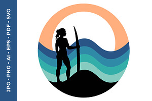 Surfer Girl and Layered Waves Vector, a Decorative Illustration by nandinigraphics