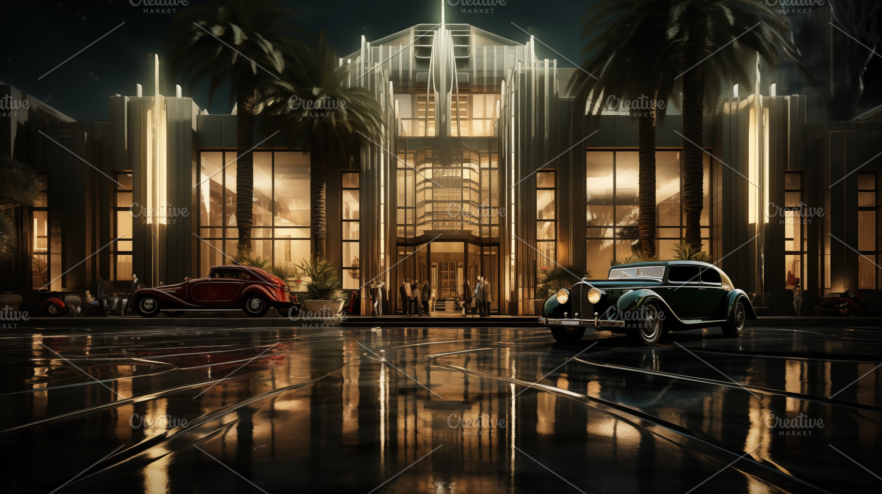 A luxurious art deco building illuminated at night, with palm trees in the fore, an Arts & Entertainment Photo by Textures & Backgrounds