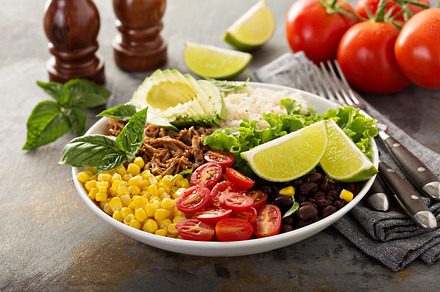 Mexican salad bowl with rice and pulled pork stock photo containing mexican, a Food & Drink Photo by farwasser