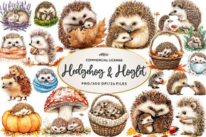 Watercolor Hedgehog & Hoglet Clipart, an Illustration by CreationArt