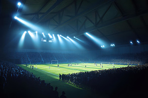 Exciting soccer match unfolds under, a Photo by Tanuart