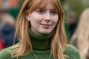 Young woman with strawberry blonde hair and bangs wearing a gree, a Person Photo by Studio ANNA
