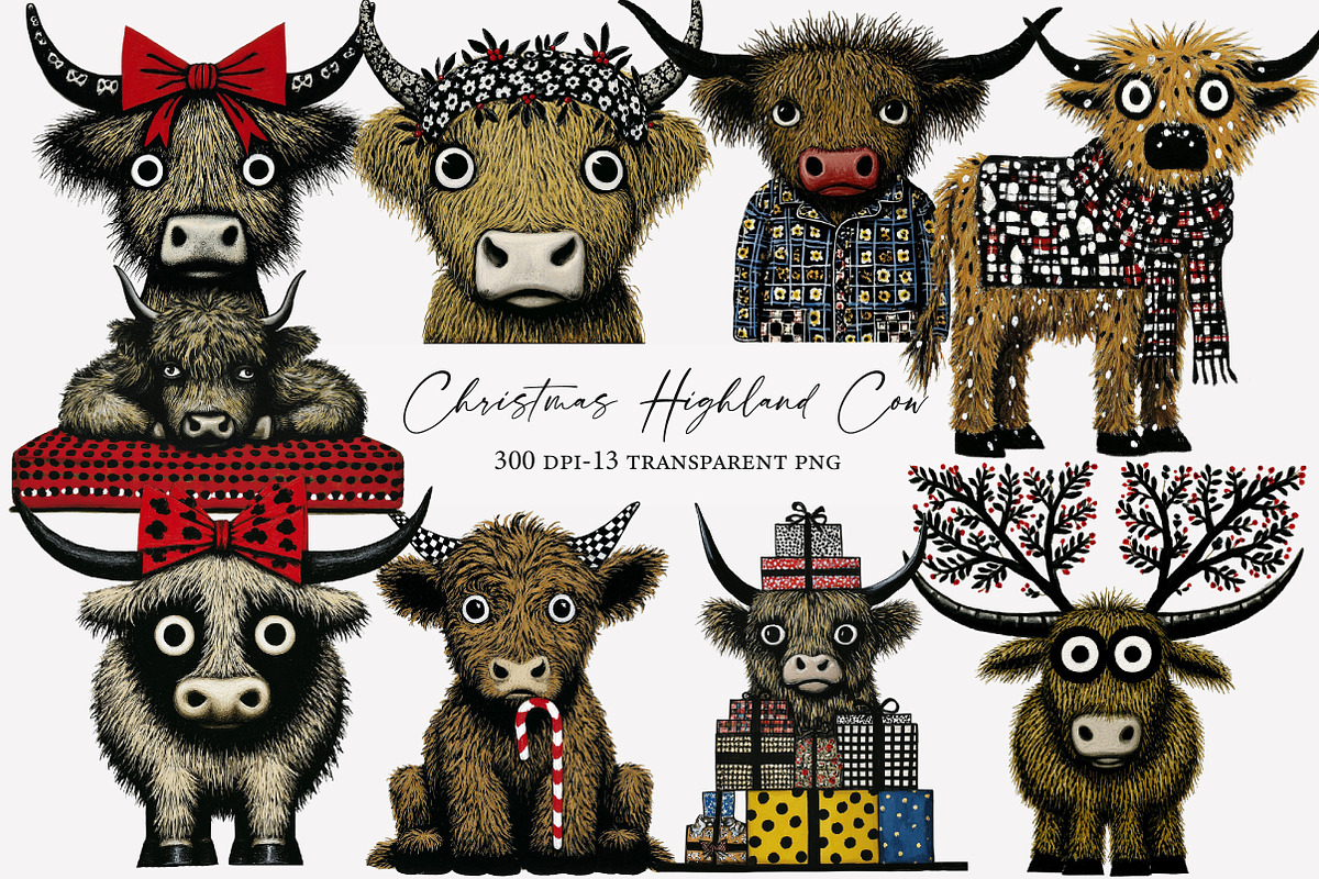 Christmas Highland Cow Clipart, an Illustration by Designworld (Photo 1 of 5)