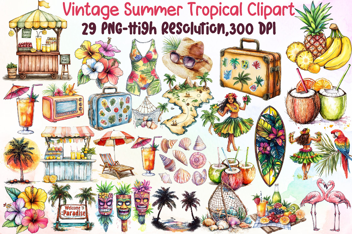 Vintage Summer Tropical Clipart, an Illustration by Sublimation Artist (Photo 1 of 6)