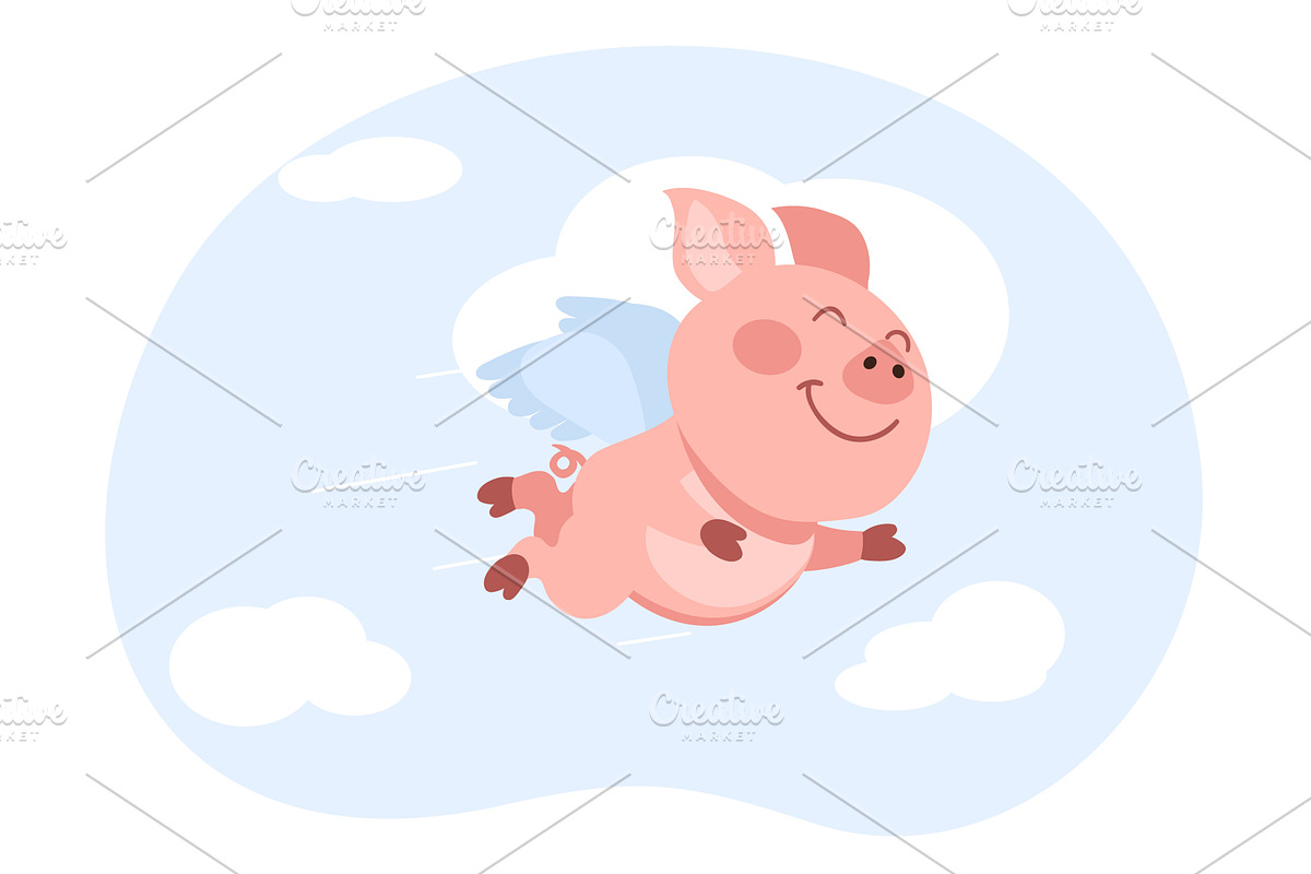 Funny pink piglet with wings flying, an Animal Illustration by Vectorbuum
