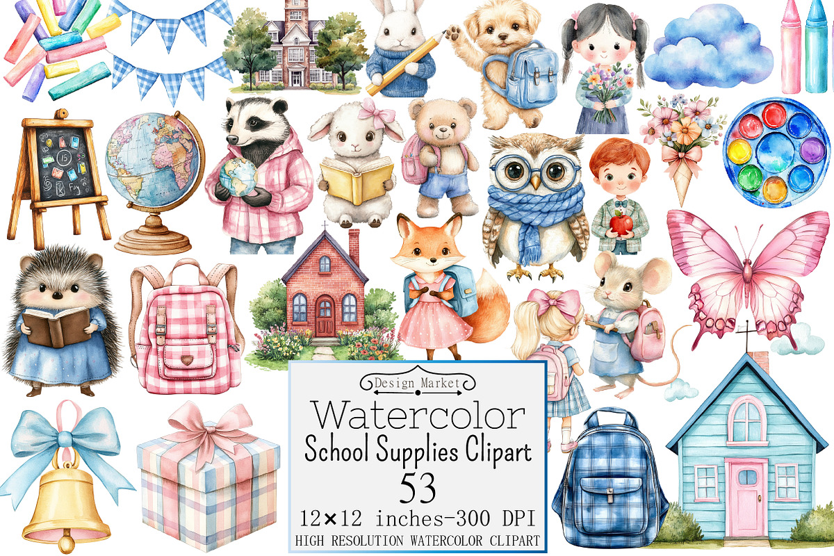 Watercolor School Supplies Clipart, a Seasonal Illustration by Design Market (Photo 1 of 5)