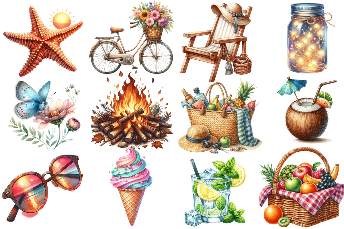 Watercolor Cozy Summer Clipart, an Illustration by Sublimation Artist (Photo 2 of 6)