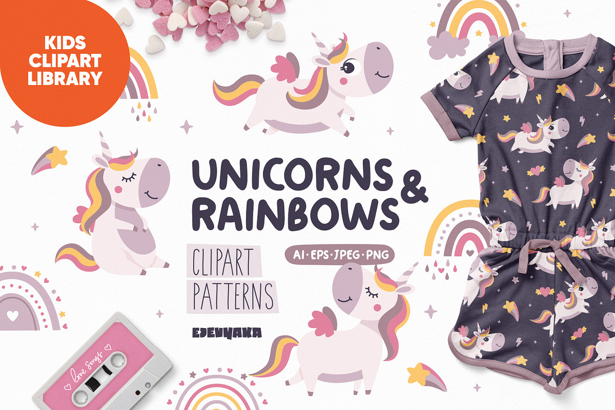 Unicorn Clipart & Rainbow Patterns, an Animal Illustration by Ejevyaka (Photo 1 of 7)
