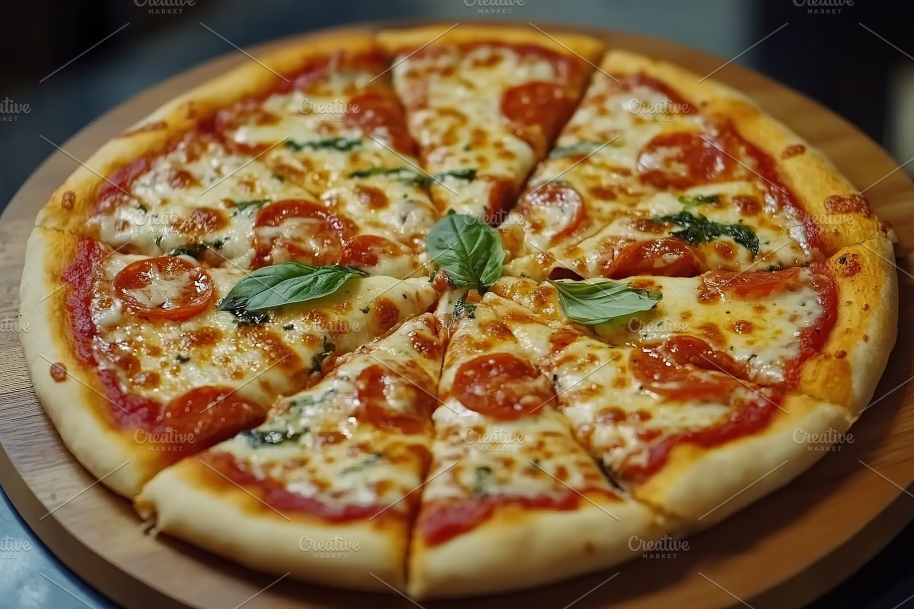 Baked pizza Margherita topped with mozzarella and fresh basil slices on a woode, a Food & Drink Photo by AlyaAnd