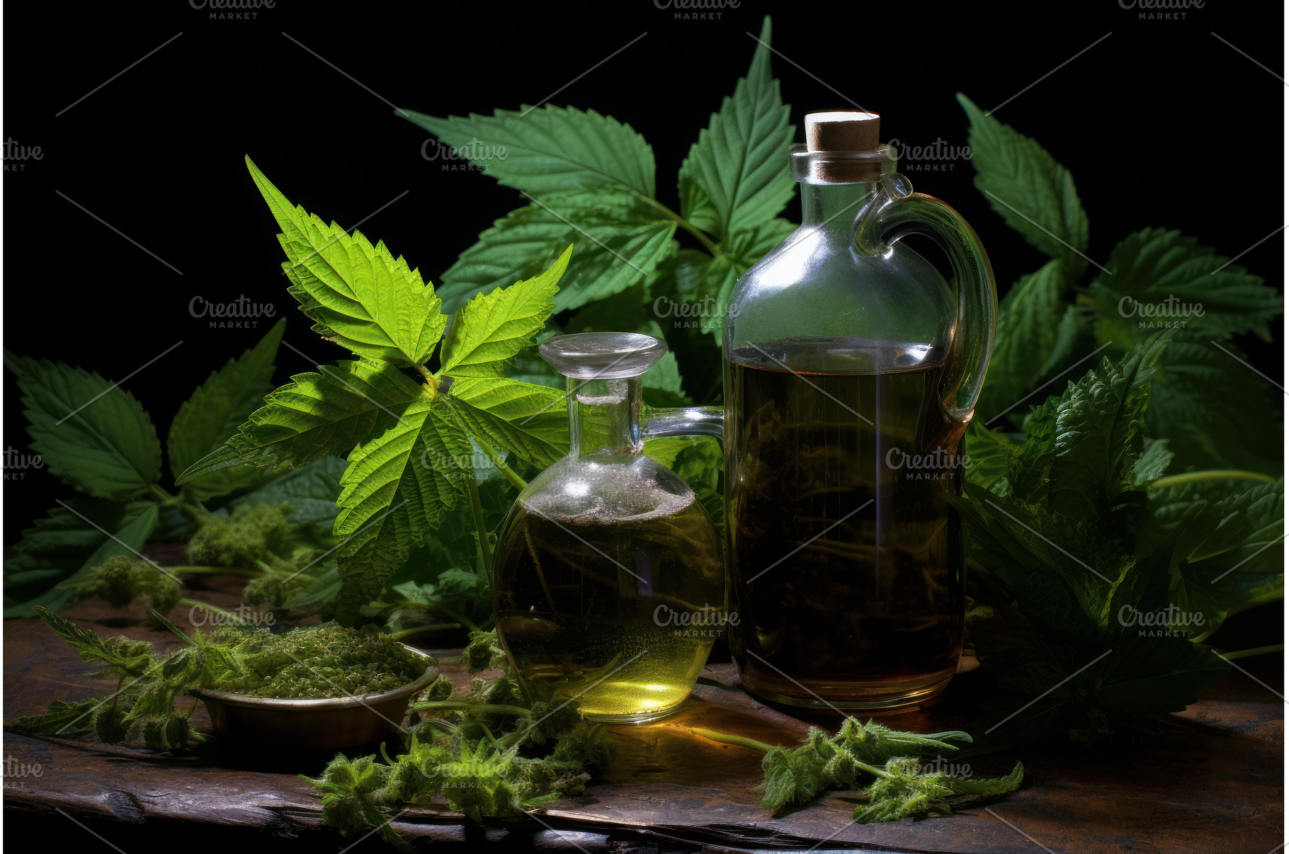 Nettle oil glass bottles. Generate, a Nature Photo by Ylivdesign