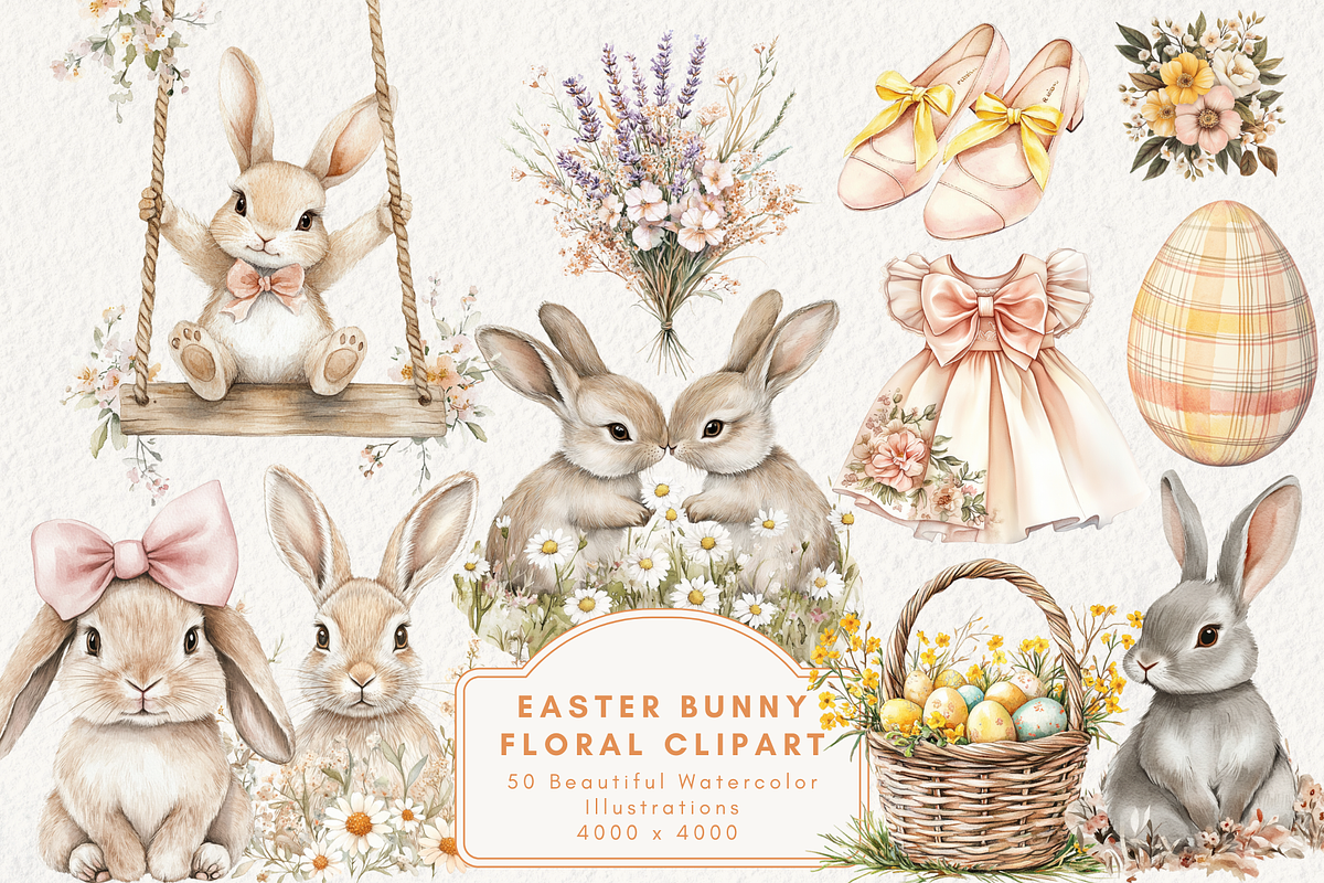 Easter Bunny Floral Clipart, an Illustration by NadiaTheronArt (Photo 1 of 4)