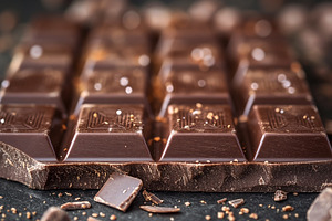 Close-up of rich dark chocolate bar with textured surface, scatt, a Food & Drink Photo by ImageMir