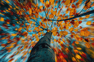 A dynamic view of a tree with vibrant autumn leaves, captured from below. The i, a Photo by Textures & Backgrounds