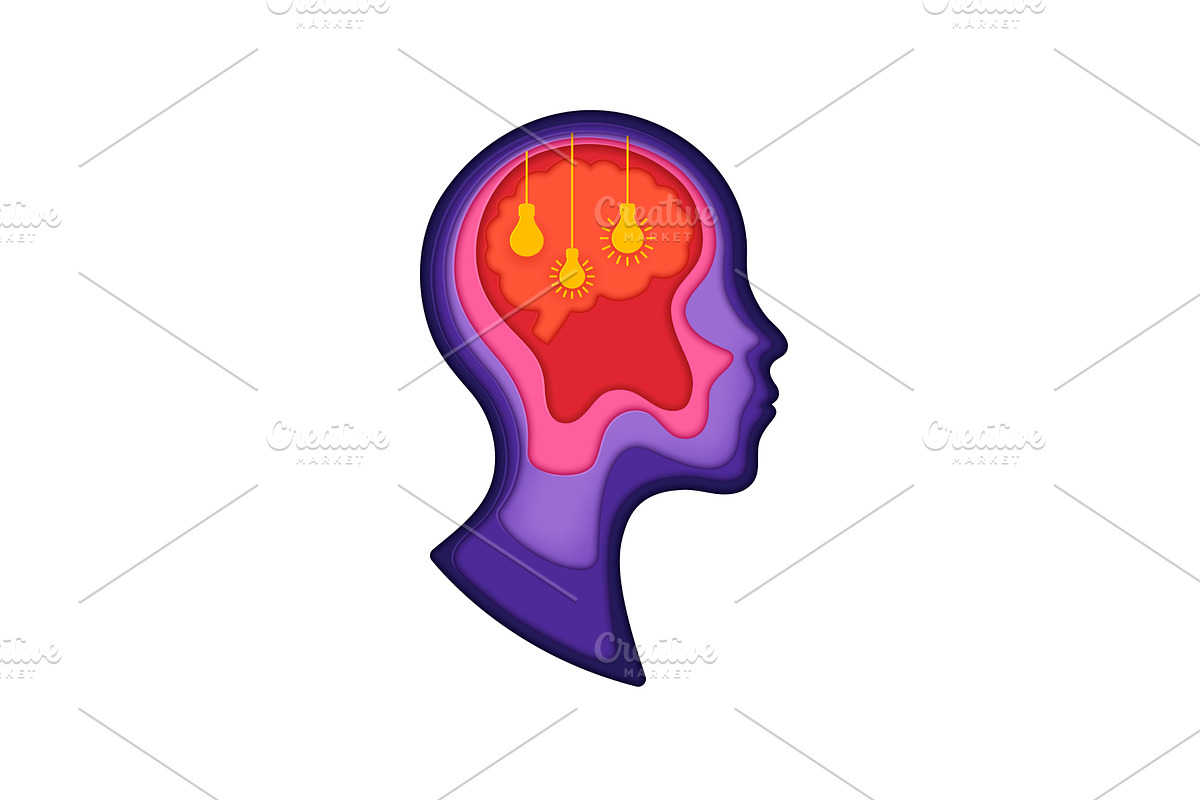 Light bulb ideas in paper cut head, a Person Illustration by Vector Tradition