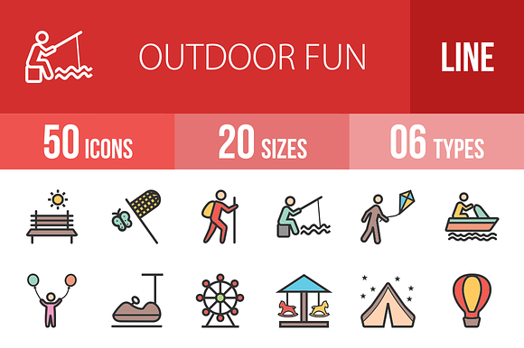 50 Outdoor Fun Line Filled Icons